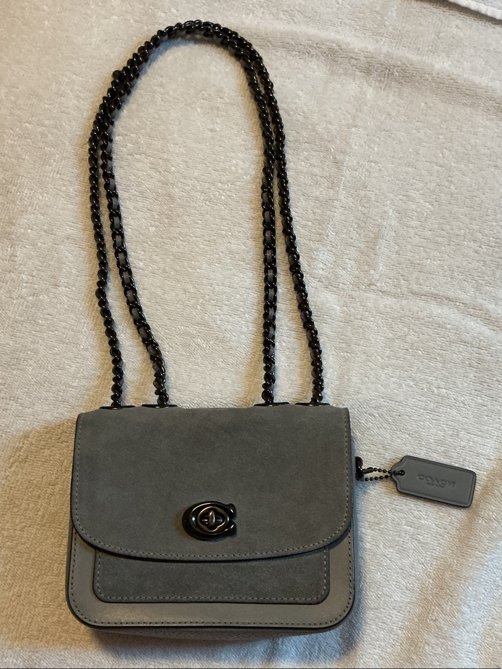 Coach Suede Crossbody Bag in Gray with Black Chain